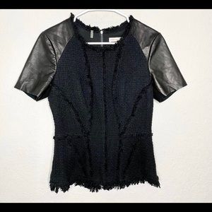 Rebecca Taylor Tweed Top w Leather Sleeves